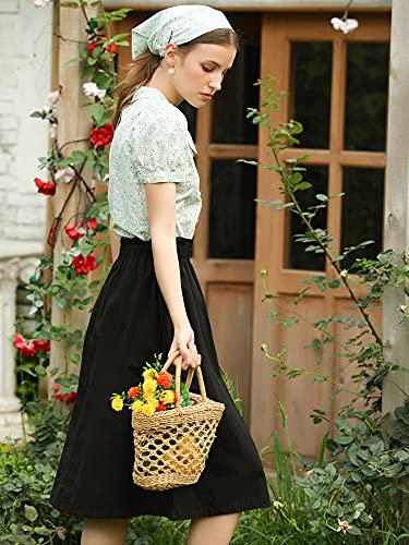 Allegra K Women's Cotton A-Line Skirt Elastic Waist Casual Peasant Midi Skirts with Pockets2