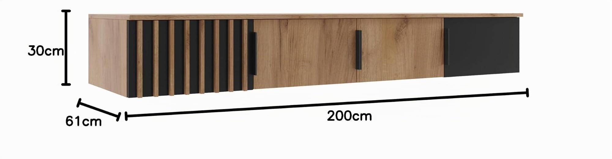 Sorento 200 Erweiterung - Kleiderschrank - Mit Praktischen Flügeltüren - Verschiedene Farbvarianten - Robuste Bauweise - Eiche Holzimitat und Schwarz - 200x62x30cm