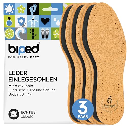 biped 3 Paar Premium Leder Schuheinlagen mit Aktivkohle - Sohlen gegen Schweißfüße - Weiche Leder Einlegesohlen Herren und Damen z1724(44-45)