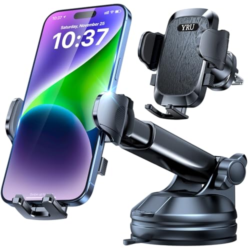 Image of YRU True Upgrade for Safety Car Phone Holder Mount Patent & Military-Grade Dashboard Cell Phone Holder for Car Vent Windshield Phone Stand for iPhone 17 16 15 14 13 Pro Max Truck Samsung, Matte Black