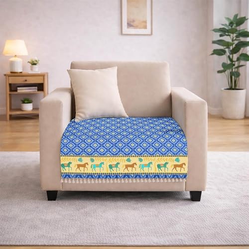 Image of Roseate Quilted Velvet Sofa Cover (1 Seater / 24 inchx27 inch) Sofa Protector for Living Room /Bedroom interiors (Blue /Harley) with Tassels