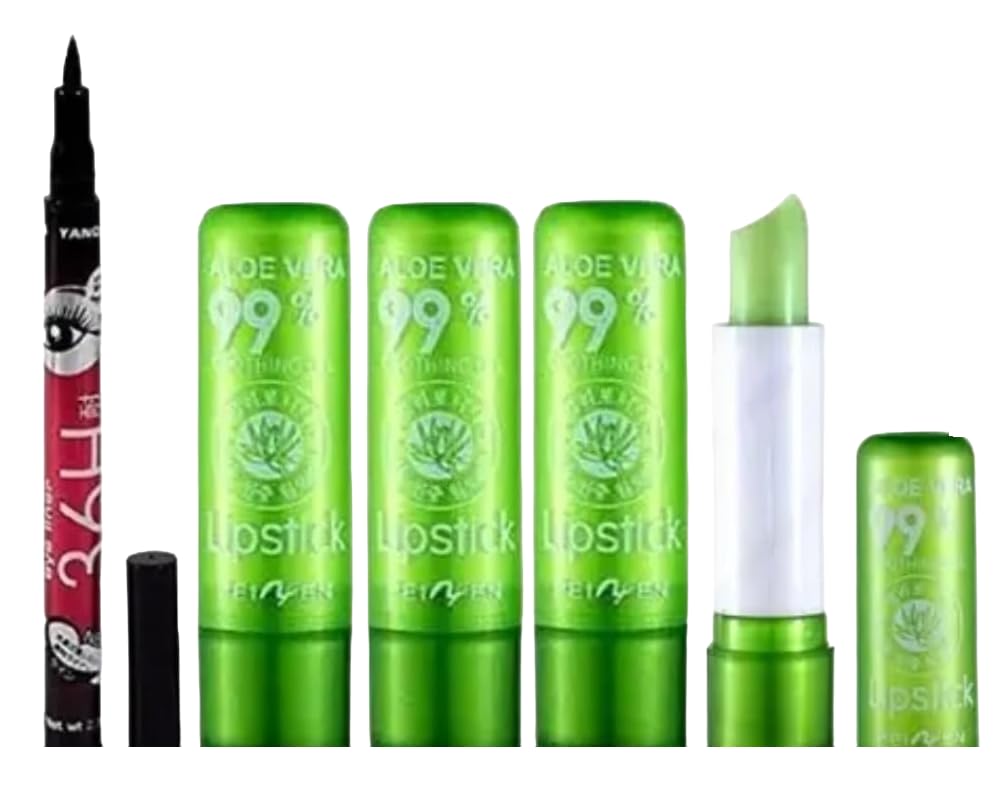 MADNIKA – Beauty Lip Balm 4g (Pack Of 5) + Yanqina 36H Eyeliner 2g,Korean 99% Aloe Vera Lipstick Color Mood Changing Long Lasting Lip Balm Moisturizer Nutritious Lip Tint Skin Care