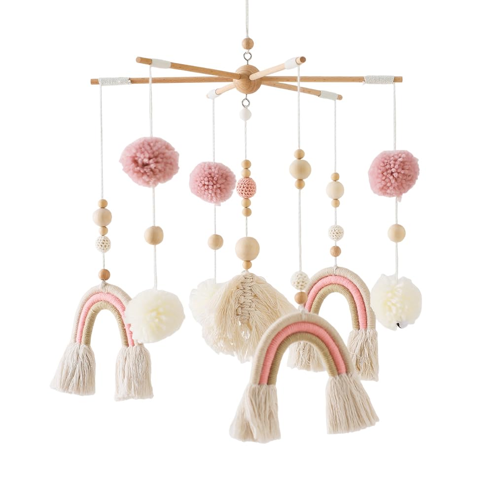 Baby Mobile Babybett Holz mit Filzbällen Mobile Windspiele Rassel wickeltisch Kinderzimmer Hängende Bettglocke für Mädchen & Jungen (Rosa Mobile)