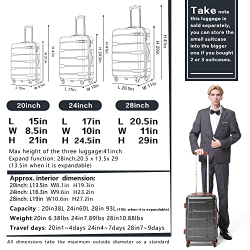 Coolife Luggage Expandable(Only 28") Suitcase Pc+Abs Spinner Built-In Tsa Lock 20In 24In 28In Carry On (White, S(20In_Carry On)) #TOP6