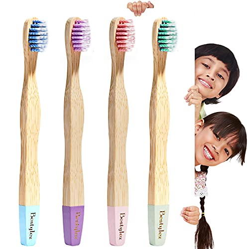 4 Pack Kids Toddler Bamboo Toothbrushes with Wooden Handle - Extra Soft Lovely Color Spiral Bristle for Age 3+ Child