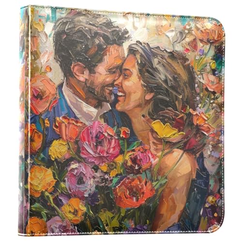 JIPONI Happy Flowers with Couple Large Photo Album, DIY Leather Cover Scrapbook Albums for 4x6 5x7 6x8 Pictures, Self Adhesive Memory Book for Wedding, Baby, Family