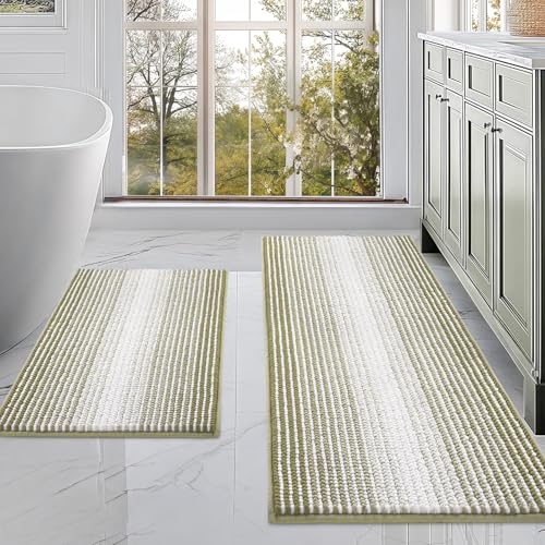 BSICPRO Bathroom Rugs and Mats Sets, 2 Piece Thick Absorbent Chenille Non Slip, Soft Shaggy Floor Mats, Machine Washable (Linden Green, 20" x 47" Plus 16" x 24")
