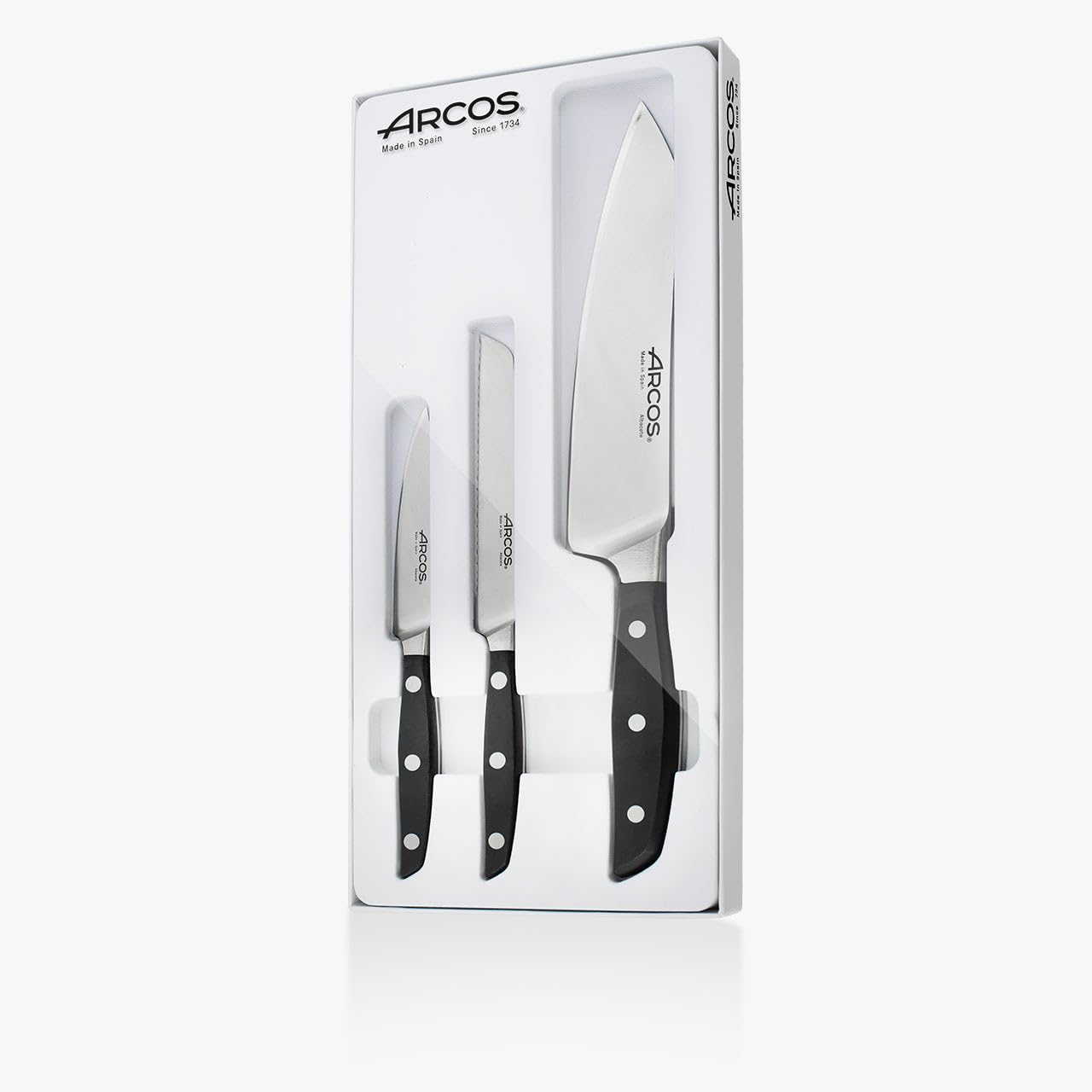 Arcos Serie Manhattan - Juego de Cuchillos de Cocina de 3 piezas (Cuchillo Mondador + Cuchillo Tomatero + Cuchillo de Chef) - Acero Inoxidable Forjado NITRUM - Mango de Polioximetileno (POM) - Negro