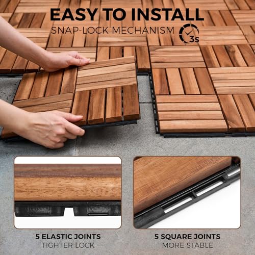 Image of 10pcs Interlocking Wood Deck Tile for Patio, 12 inchx12 inch Waterproof Solid Wood Patio Tiles (Square Joint, Walnut)