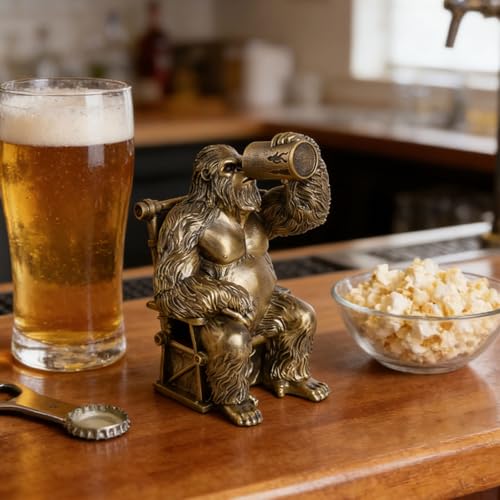 Image of Bigfoot Statue Lazy Sasquatch Drinking Beer Whimsical Home Decor | Hand-Painted Desk Decor for Yard Patio Office Cabin | Bigfoot Sasquatch Gifts for Men Cryptid Enthusiasts