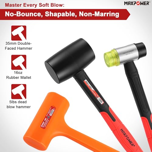Image of MAXPOWER 3-Piece Hammer Set, 5lbs Dead Blow Hammer, 16oz Rubber Mallet, 35mm Double-Faced Soft Mallet,Non-Marring Striking Tools for Automotive, Woodworking & Assembly