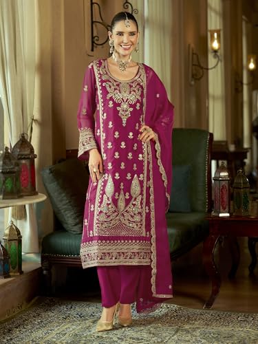 Image of INDO ERA Women's Organza Embroidered Sequinned Kurta & Pant with Dupatta Set | Women Kurta Sets With Dupatta Cotton