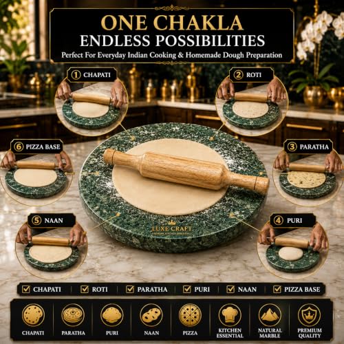 Image of 10 Inch Green Marble Chakla Belan Set | Indian Marble Roti Rolling Board | Roti Maker Phulka Maker Chapati Maker | Smooth Finish Heavy Duty Chakla with Wooden Rolling Pin for Home & Kitchen