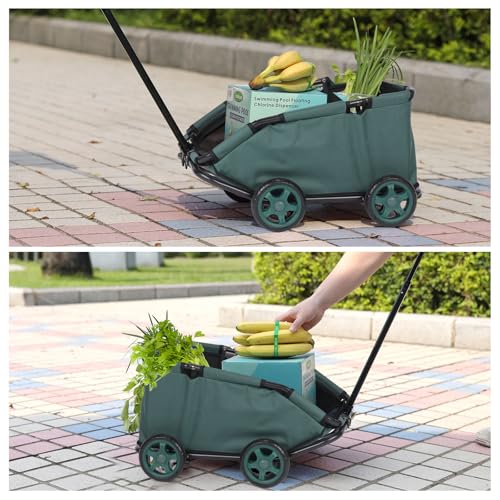 Mini-Hundewagen für Mini-Haustiere, faltbarer multifunktionaler Einkaufswagen mit ausziehbarem Ziehgriff, Doggie Wagon eingebautem Kissen und Sicherheitsseil mit Aufbewahrungstasche (Dunkelgrün)