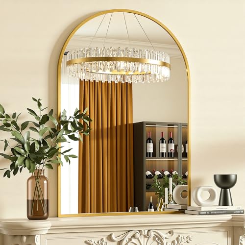 Image of Antok Arched Bathroom Mirror, 26 inchx38 inch Wall Mounted Mirror, Vanity Mirrors for Over Sink, Aluminum Alloy Frame Bathroom Mirrors Living Room, Bedroom and Entryway, Gold