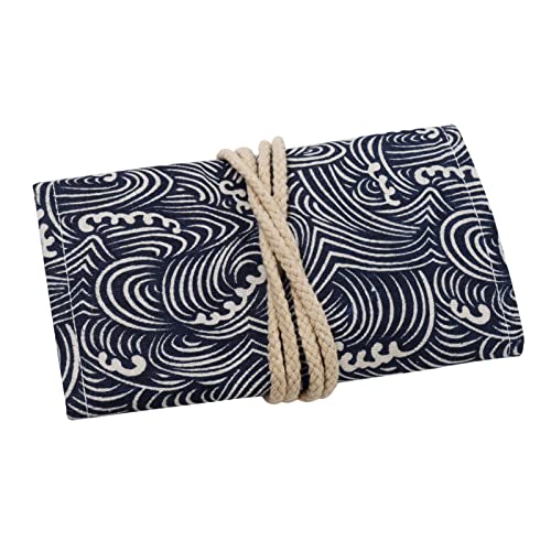 Image of Canvas Pencil Wrap Case, 48 Holes Colored Pencil Roll Holder Storage Pouch for Office (48 Holes, Deepblue)