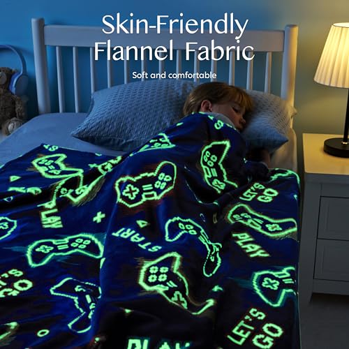 Joiedomi Glow in The Dark Gaming Blanket Gamer Gifts for Boys Age 2 3 4 5 6 7 8 9 10 11 12 Year Old, Soft Cozy Flannel Kids Throw Blanket, Birthday Bedroom Decor Dark Blue 50"×60"