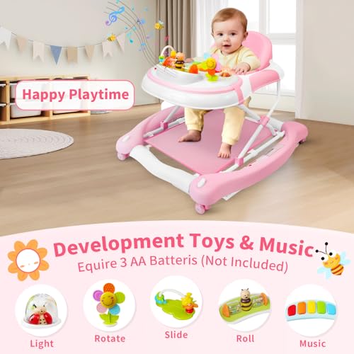 Image of 5 in 1 Baby Walker, Music and Lights Walker for Baby Boy Girls 6-12 Months, Foldable Baby Walkers with Wheels and Bouncer Combo Portable, Toddler Infant Walker with Adjustable Height