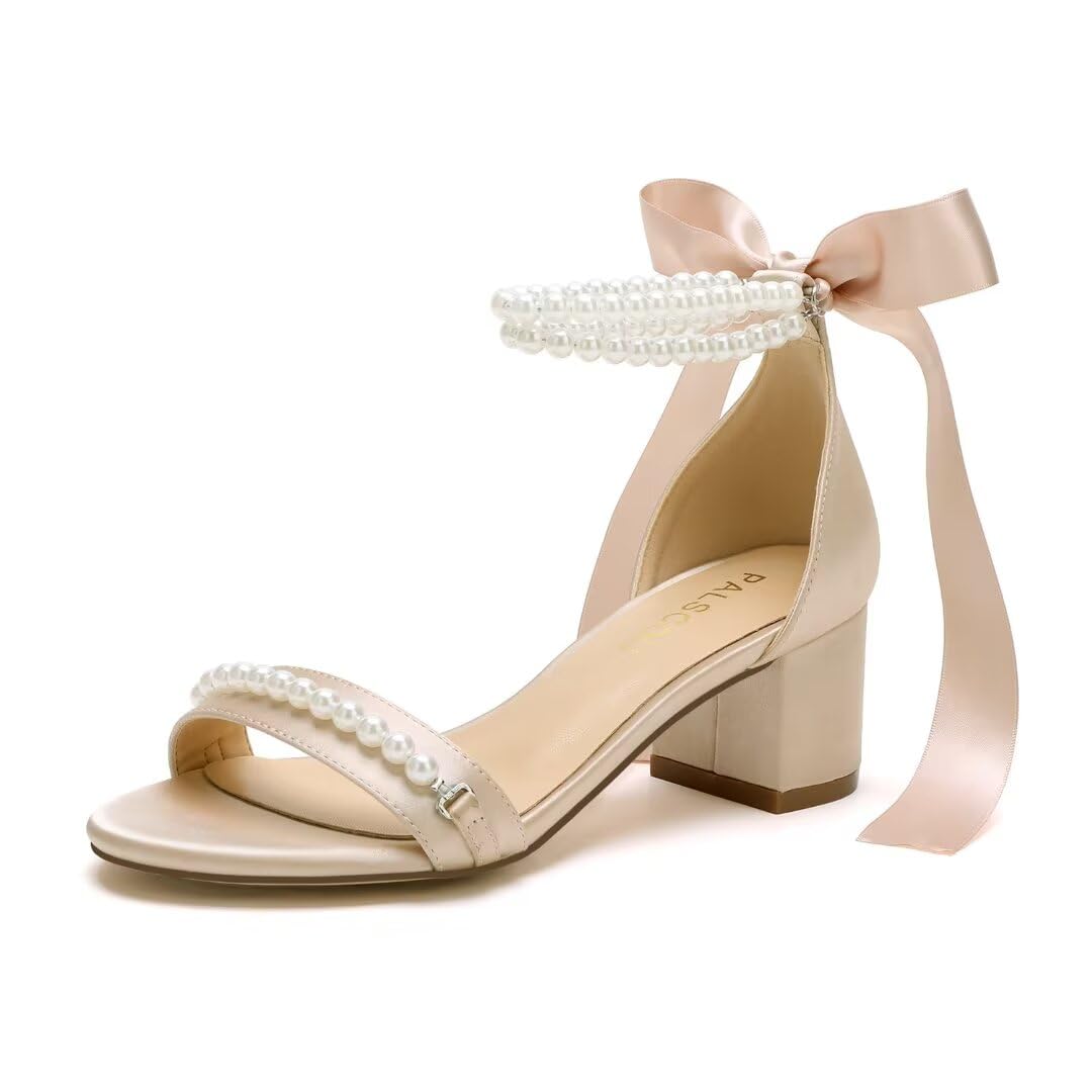 Photo 1 of Block Heel Wedding Sandals Open Toe Pearl Wedding Shoes for Bride Low Heel Bridal Shoes Chunky Heel Sandals-Champagne-9