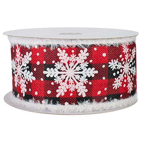 Image of Buffalo Plaid Snowflake Wired Ribbon - 2 1 /2 inch x 10 Yards, Red & Black Checks, Christmas, Wreath, Fuzzy Flocked Edges, Wreath, Gift Wrapping, Tree Decoration, Bows, Presents