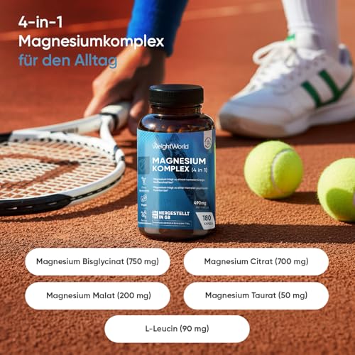 Magnesium Komplex 4 in 1-400mg Elementares Magnesium & 90mg Leucin pro Portion - 3 Monate Vorrat - 1700mg von Magnesium Bisglycinat, Citrat, Malat, Taurat - 180 vegane Kapseln - WeightWorld