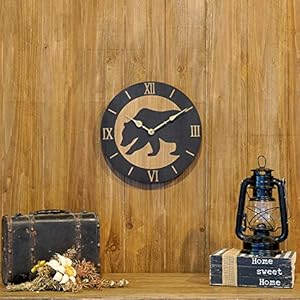 Wooden Wall Clock 12 Inch Cabin Bear Lodge Style Round Wall Clock Log Cabin Wild Animal Hanging Clock Battery Operated Silent Nonticking Quartz Analog Clock