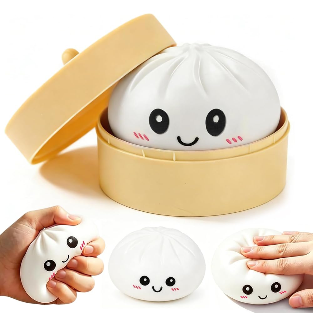 Dumpling Stress Balls, expression Glitter Bun Squishy Stress Ball, Stress Fidget with Steamer, Soft Autism Stress Relief Anxiety Relief , for adults and people aged 14+and above, white