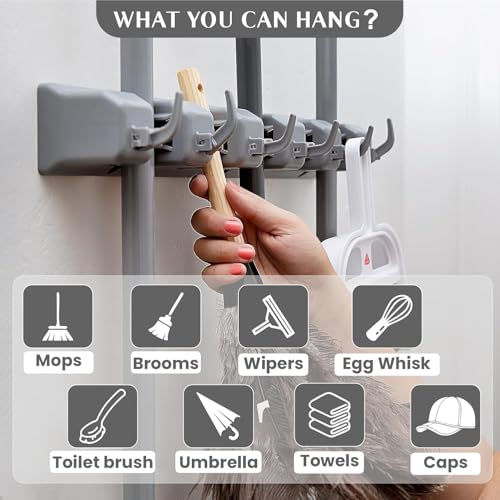 Image of JD FRESH 1 Pcs Plastic Mop and Broom Holder Wall Mount with 5 Slot & 6 Hook, Anti Slip Heavy Duty Waterproof Broom Hanger Stand Organizer Tool Kitchen Home Garden Bathroom (Grey)