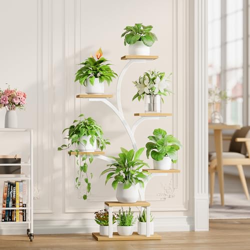 Image of BACEKOLL Plant Stand Indoor with Grow Lights, 7 Tiered Indoor Plant Shelf, 49 inch Corner Plant Stands for Indoor Plants, Metal Plant Flower Display Shelf, Tree-Shaped Plant Rack for Home, Patio, Natural