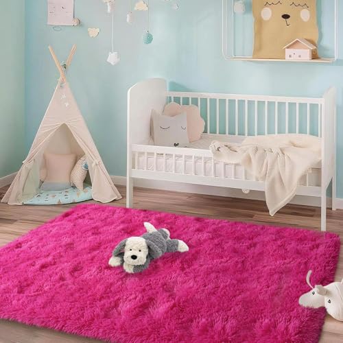 3x5 Rugs for Bedroom, Fluffy Area Rugs for Living Room, Soft Shag Kids Rug Small Carpet with 4 Non-Slip Rug Pads (Hot Pink, 3ft x 5ft)