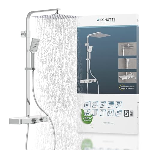 SCHÜTTE OCEAN Duschsystem mit Thermostat und Glasablage - Duschset mit 30x30cm Duschkopf, Regendusche mit Wandhalterung und Duschkopf - Duschpaneel Duschsäule in Chrom/Weiß