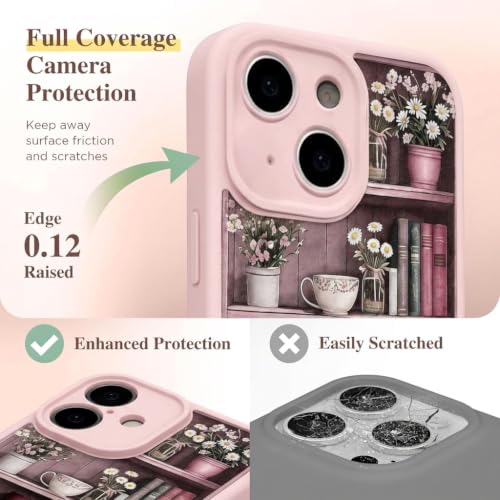 Image of VONZEE Cute Pink Book Shelf Back Cover for iPhone 15| Clear Shockproof TPU Protective Case | intage Library & Flower Shelf Pattern for Girls and Women