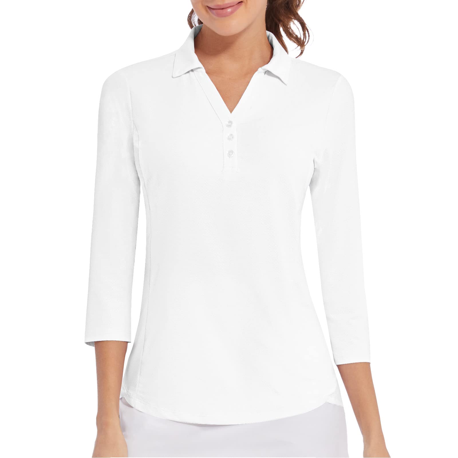 Women's Polo Shirt 3/4 Long Sleeve Golf Quick Dry T Shirts UPF 50+ Athletic Casual Work Shirts Tops for Women Small 3/4 Sleeve-white