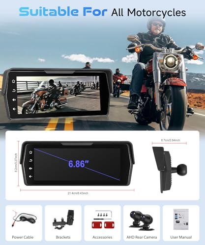 Image of 6.86 Inch Motorcycle Carplay GPS Navigation System, Android Auto Portable CarPlay Screen for Motorcycle, 【Dual Camera Video Recording】, Dual Bluetooth Car Play Moto, Si-ri, Goo-gle Assistant, EQ