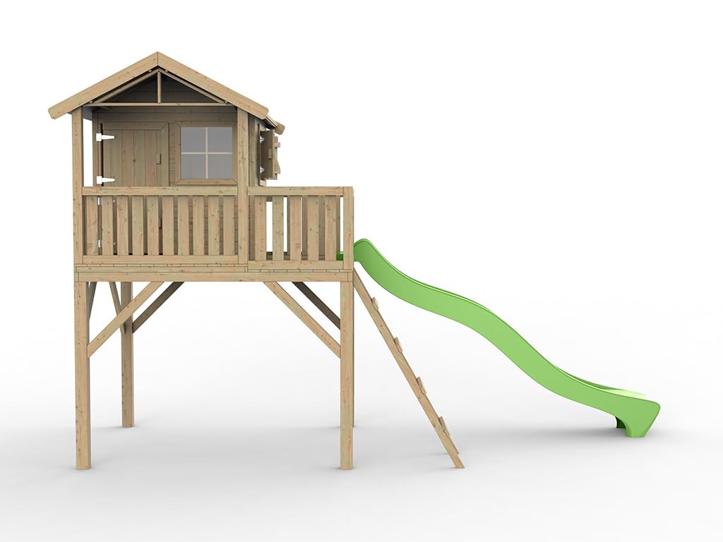 Prestige Garden Stelzenhaus Funny XXL Grün 285 x 188 x 303 cm, Kesseldruckimprägniertes Garten Spielhaus mit Rutsche, Veranda und Balkon, Fingerklemmschutz, Stabiles Holz Spielgerät für Kinder, 0 x...