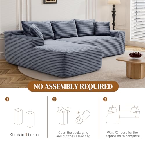 Image of 95 inch L Shaped Boneless Sectional Couches, Wide Armrest, Deep Seat, Memory Foam, Assembly Free, Modern Comfy Corduroy Fluffy Cloud Sofa with Left Chaise for Living Room, Small Spaces, Grey