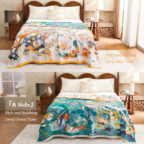 Image of XIBLC Fall Throw Blanket for Couch, Yellow Boho Decorative Throw Blanket, 100% Cotton Muslin Breathable Woven Farmhouse Blankets Quilt, 50 inchx60 inch Reversible Lightweight Blankets Bohemian Throw Quilt