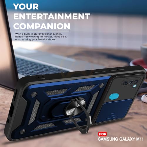 Image of Armor Bumper Back Cover Case for Samsung M11 | Rotating Camera Cover, Ring Holder & Kickstand | Heavy Duty & 360 Degree Protection Samsung M11 Back Cover (Blue)
