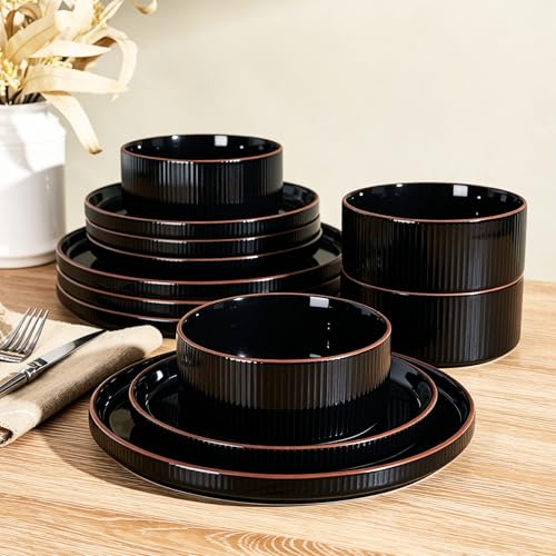 Richmount 12-Piece Plates and Bowls Set Porcelain Dinnerware Sets for 4 Service Modern Dish Set with Rust-Red Rim Chip and Scratch Resistant Dishwasher & Microwave Safe Black