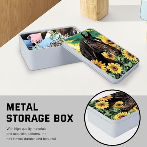 Image of Metal Tin Box with Lid for Game Cards Home Large Organizer Candles Keys Crafts Storage - Comes with 4 Magnetic Cord Clips，Horses and Sunflowers