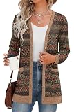 GRECERELLE Women Long Sleeve Open Front Cardigan Button Down Ribbed Lightweight Knit Outerwear with Pocket M, Round Flower Green