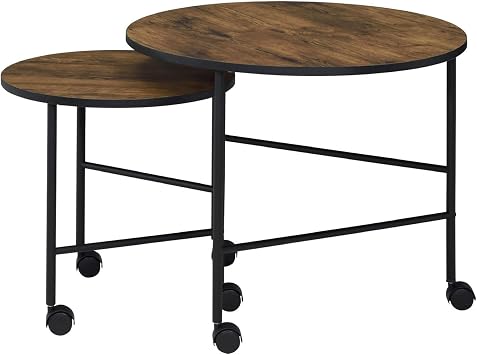 Nesting Tables with Wheels 2 Piece Round Vintage Oak Set - Contemporary Metal Frame & Caster Design for Living Room & Bedroom