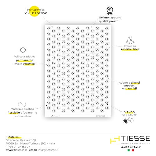 TIESSE - 208 Etiketten mit CE-Kennzeichnung - Vinyl Hochleistungsaufkleber - Größe: 208 Stück Durchmesser 13 mm auf A4-Bogen (210 x 297 mm) - Made in Italy