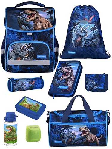 Familando - Basic-Plus Schulranzen Set - 9-teilig mit Sporttasche - T-REX Dino - Ergonomisch, stabil & 850g leicht - 15L Volumen - Brustgurt & Reflektoren - Für Grundschule ab 1. Klasse
