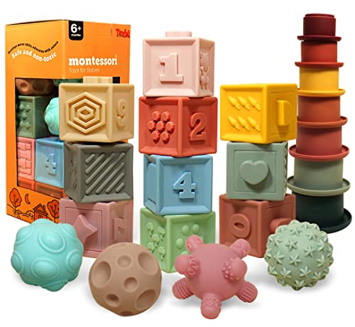 Image of Baby Toys 6-12 Months | Montessori Toys for Babies 6-12 Months | 3 in 1 Silicone Baby Toys, Stocking Stuffers for Baby | Baby Blocks Balls, Stacking Toys, Sensory Toys for Baby
