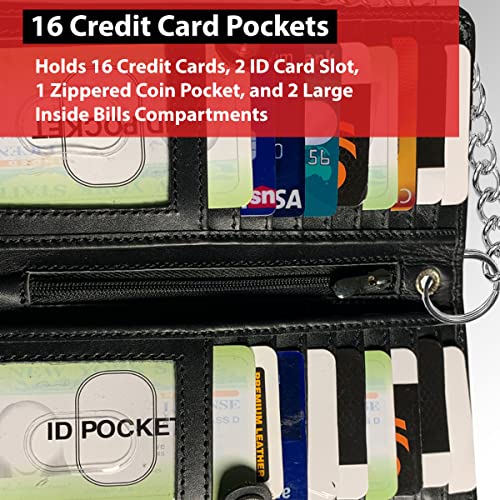 Image of CLASSIC Motorcycle Chain Wallet for Men - Premium Cowhide Leather, RFID Bi-Fold Biker Wallet with Heavy Duty Chain for Bikers Truckers & Hunters, Credit Card Money Organizer Long Wallet Ostrich Black
