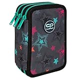 CoolPack XXL Federtasche, federmäppchen Junge, Federmappe Federmäppchen groß 44-teilig mit Aufnäher gefüllte Schüleretui 3-stöckig Motiv: Milky Way, Sterne, Grau, E67585