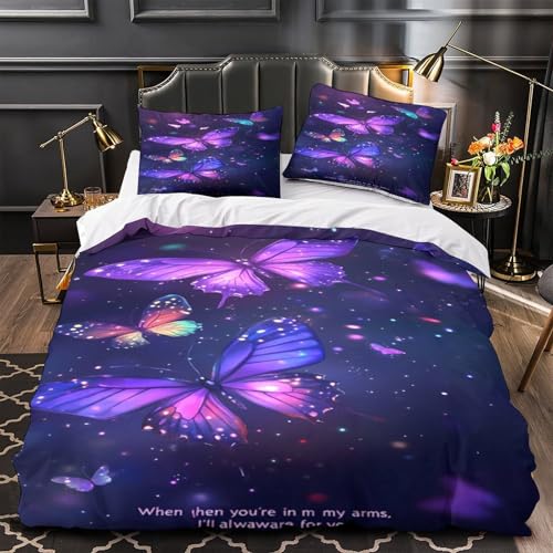 Housse de couette papillons violets 3D parure lit King drap microfibre avec taies