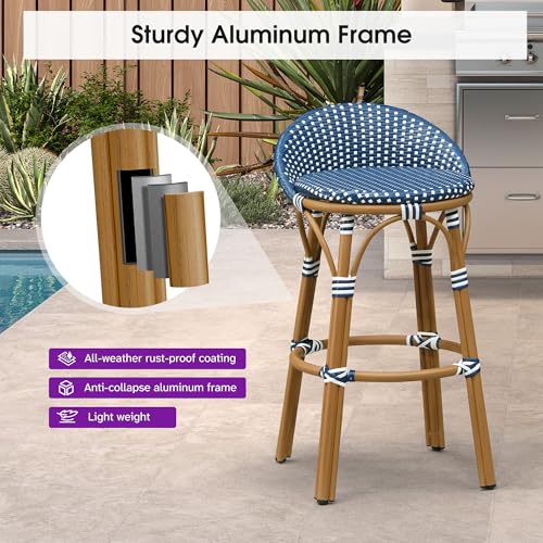 Image of PURPLE LEAF Patio Oversized Backrest Bar Height Stool Set of 1 Outdoor Round Barstools Aluminum Frame in Bamboo Finish Woven Rattan for Indoor Kitchen Dining Bistros Cafe Restaurant Navy Blue
