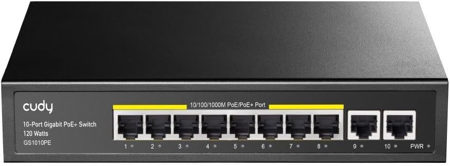 Cudy 8 Port Gigabit PoE Switch, 120 Watts PoE Budget, 8 10/100/1000Mbps PoE+ Ports, 2 Gigabit Uplink Ports , 802.3at, 802.3af, 1/2 (+), 3/6 (-), Fanless, Plug and Play, GS1010PE